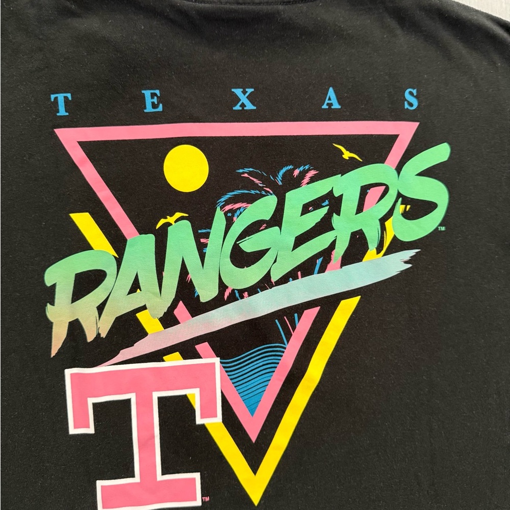 Texas Rangers New Era Distressed Black Tee with Green and Red T Logo Large
